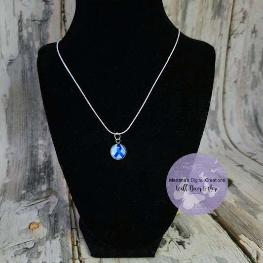 Blue Awareness Ribbon Cabochon Necklace