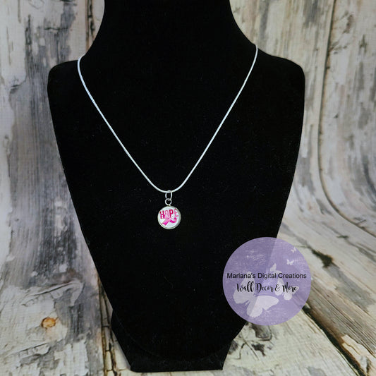 Hope Pink Awareness Ribbon Carbochon Necklace
