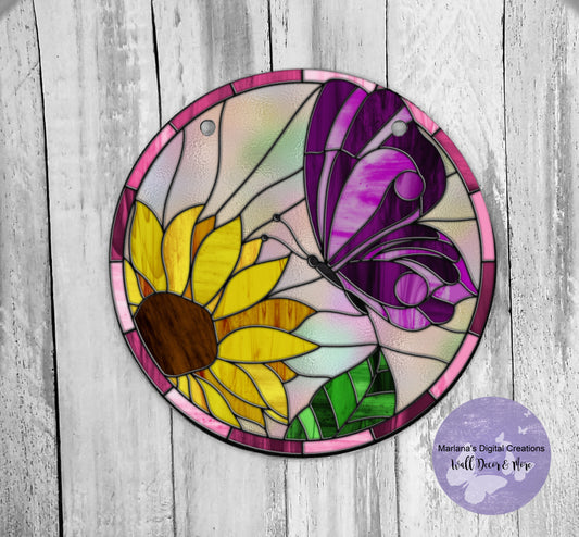 Butterfly Sunflower Stained Glass - Circle Sign