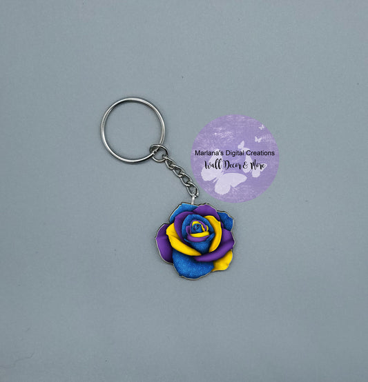 Awareness Rose Blue Purple Yellow Keychain