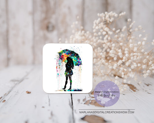 Girl Alone In Rainbow Rain Coaster