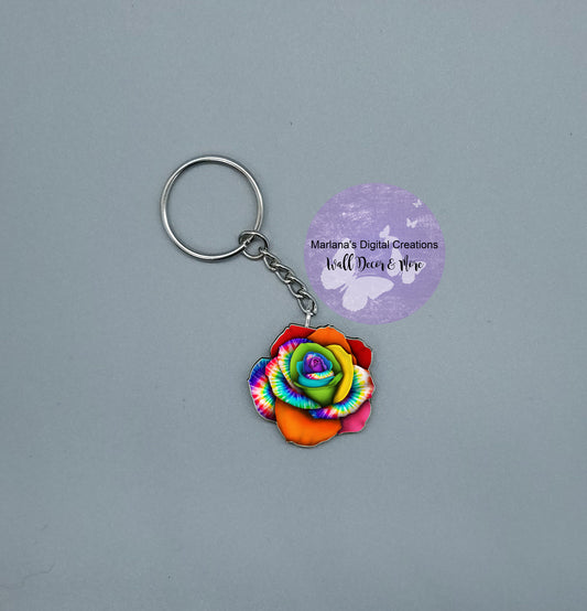 Patterned Rose Tie Dye Rainbow Keychain