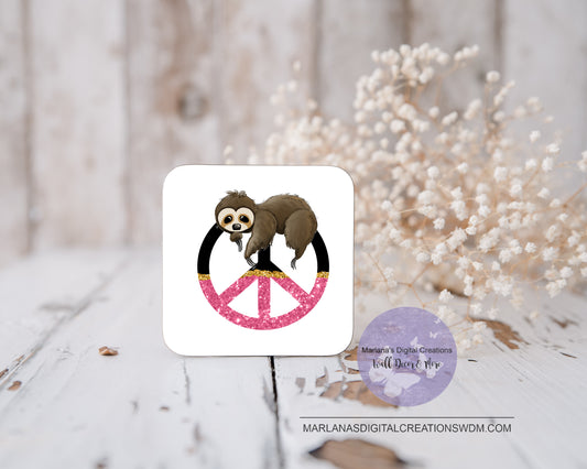 Sloth Peace Sign Pink Glitter Coaster