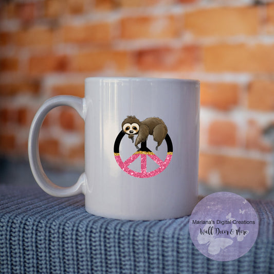 Sloth Peace Sign Pink Glitter - Mug