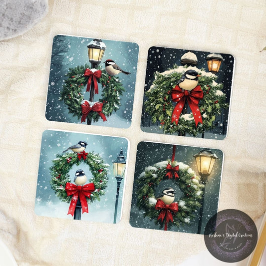 Christmas Bird & Wreath Coaster Set