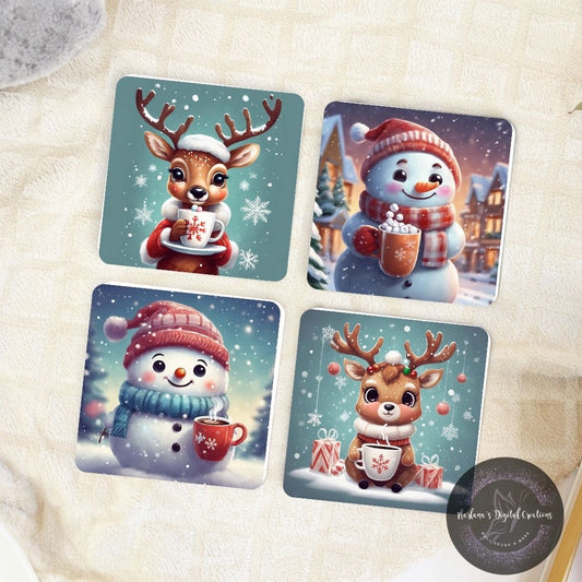 Christmas Snowman/Reindeer Coaster Set