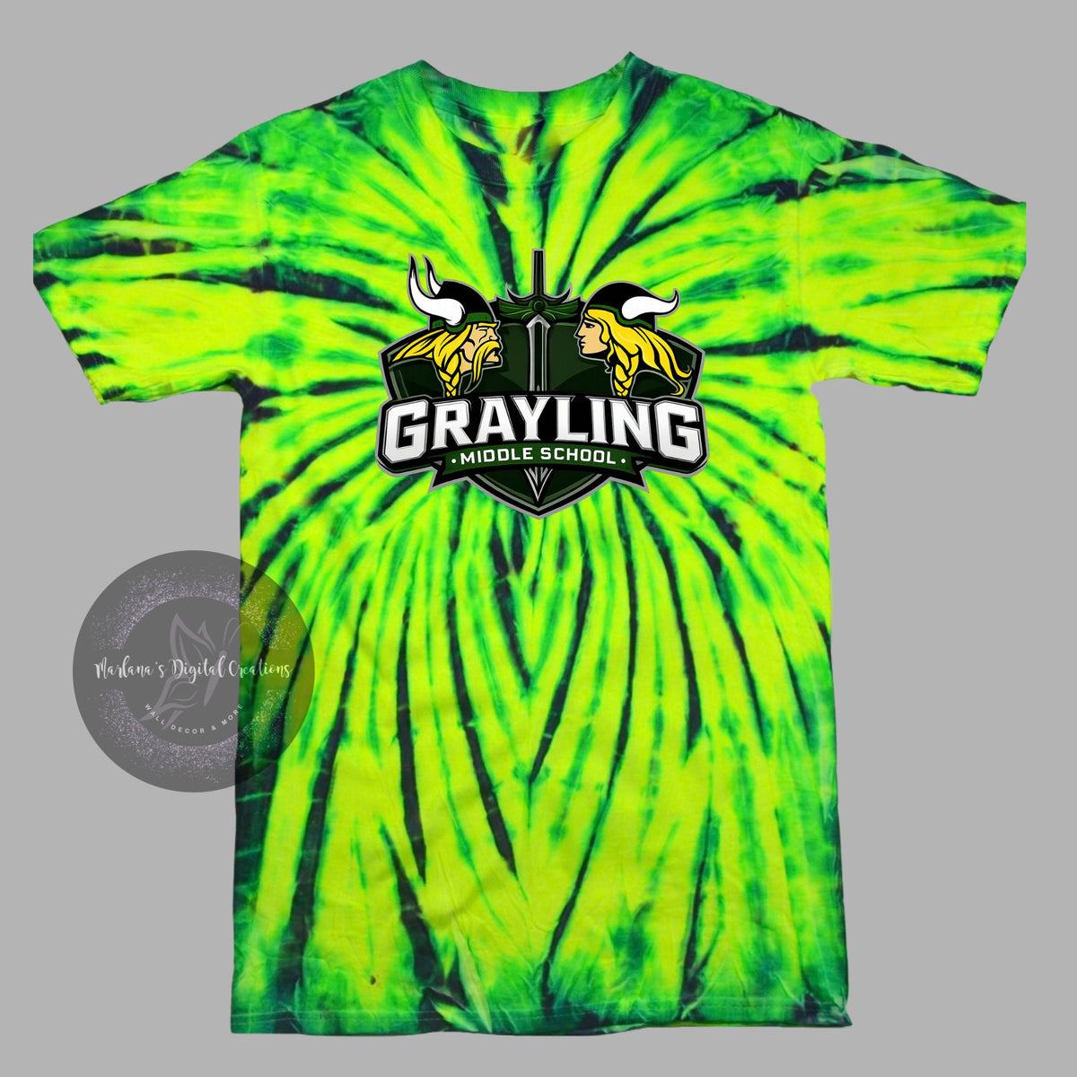 Green-and-yellow tie-dye shirt featuring the Grayling Middle School Viking design