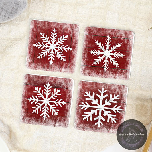 Red Christmas Snowflake Coaster Set