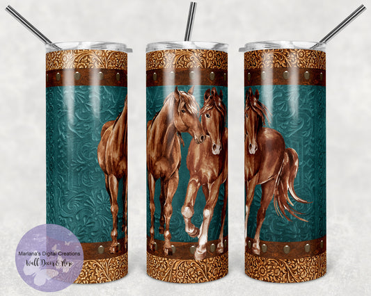 Tooled Leather Teal with 2 Horses 20oz Skinny Tumbler