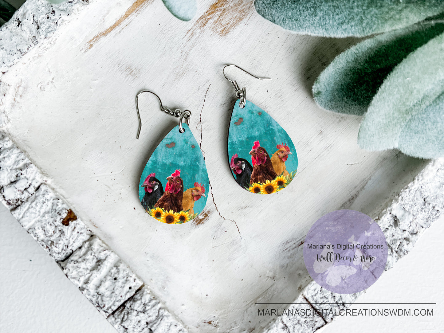 Teardrop Blue Background Chicken Earring