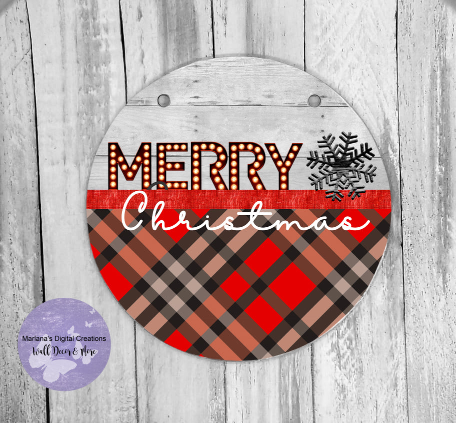 Merry Christmas Plaid Wood - Circle Sign