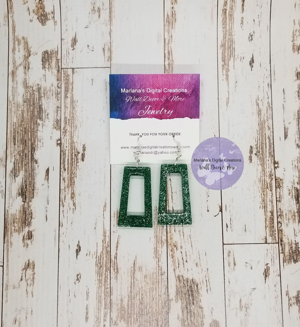 Green Glitter Large Rectangle Earrings