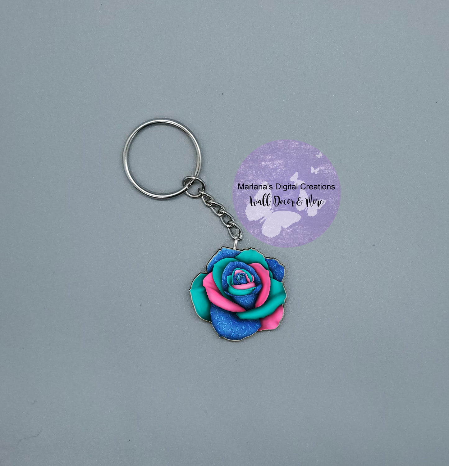 Awareness Rose Teal Blue Pink Keychain