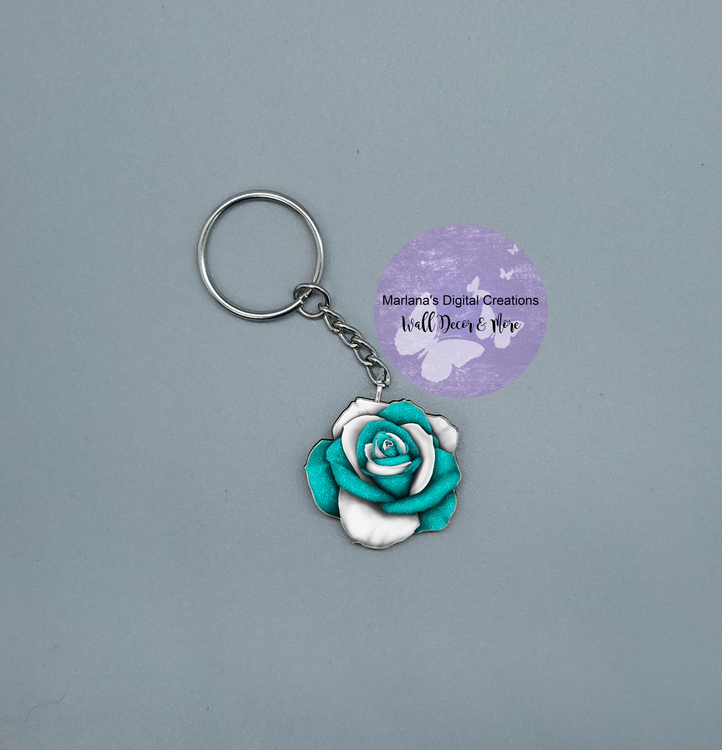 Awareness Rose Teal White Keychain