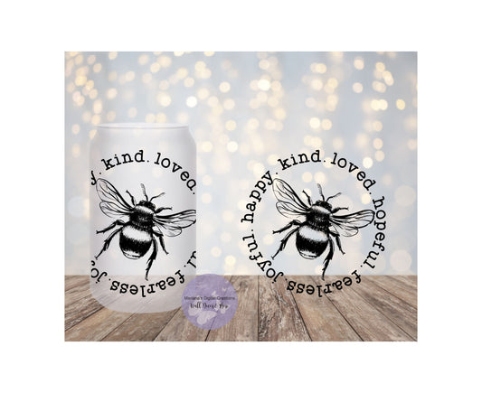 Bee Happy Kind Loved Hopeful Fearless Joyful 16oz Frosted Glass Tumbler