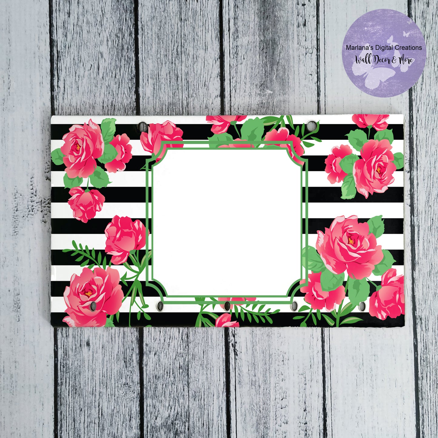 Black White Stripe Floral Key Rack