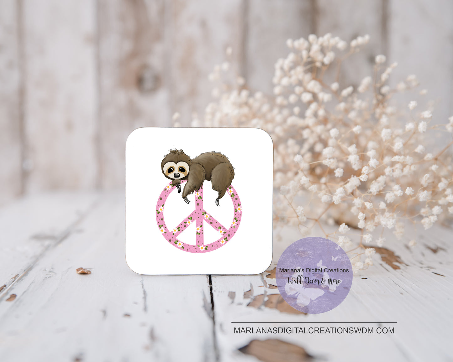 Daisy Sloth Peace Sign Coaster