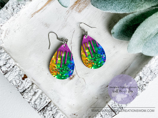 Teardrop DB Bokah Rainbow Purple Glitter Earrings