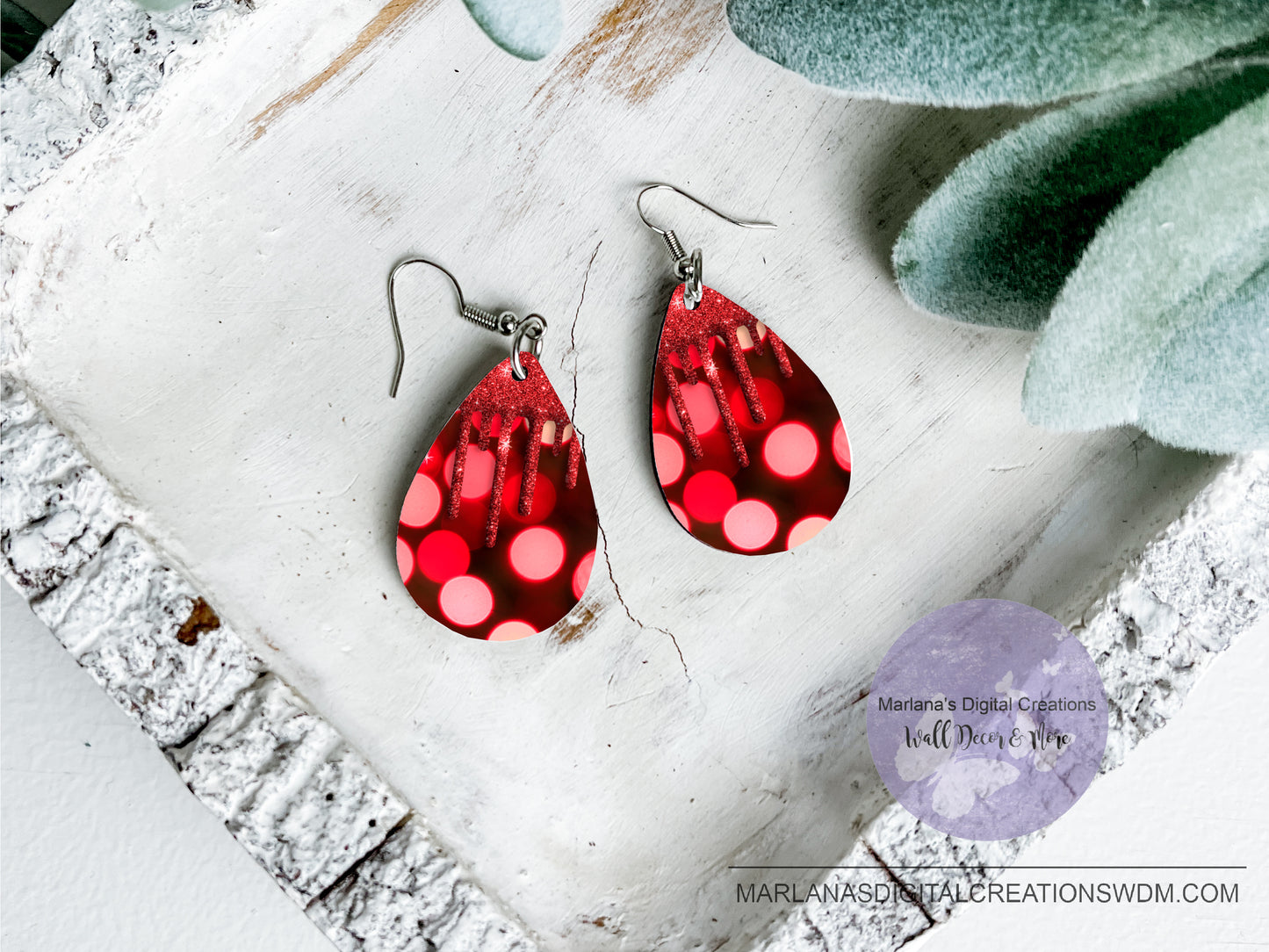 Teardrop DB Bokah Red Glitter Earrings