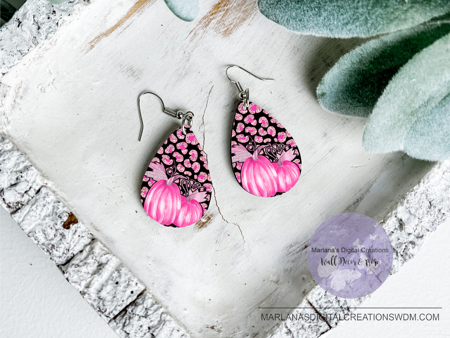 Teardrop DB Breast Cancer Pumpkin Leopard Earrings