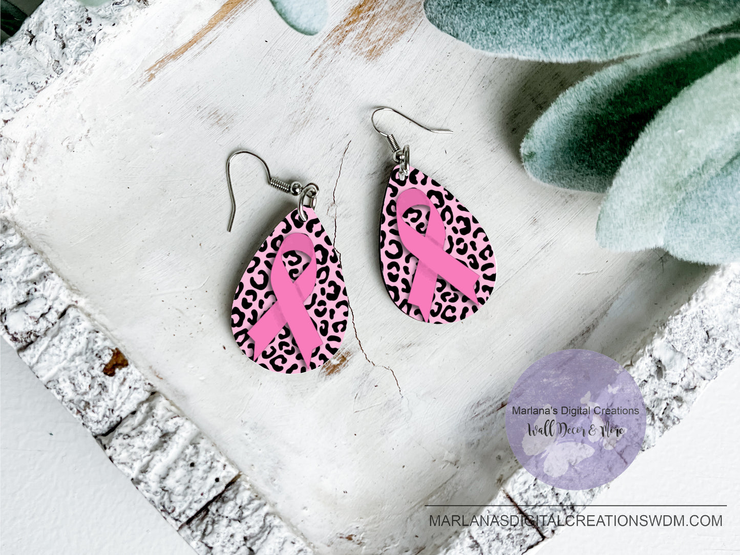 Teardrop DB Breast Cancer Ribbon Leopard Earrings