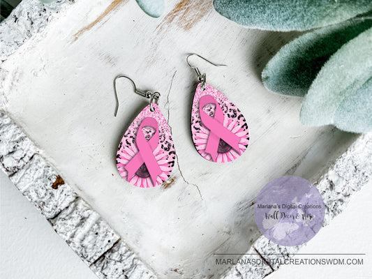 Teardrop DB Breast Cancer Ribbon Leopard Sunflower Earrings