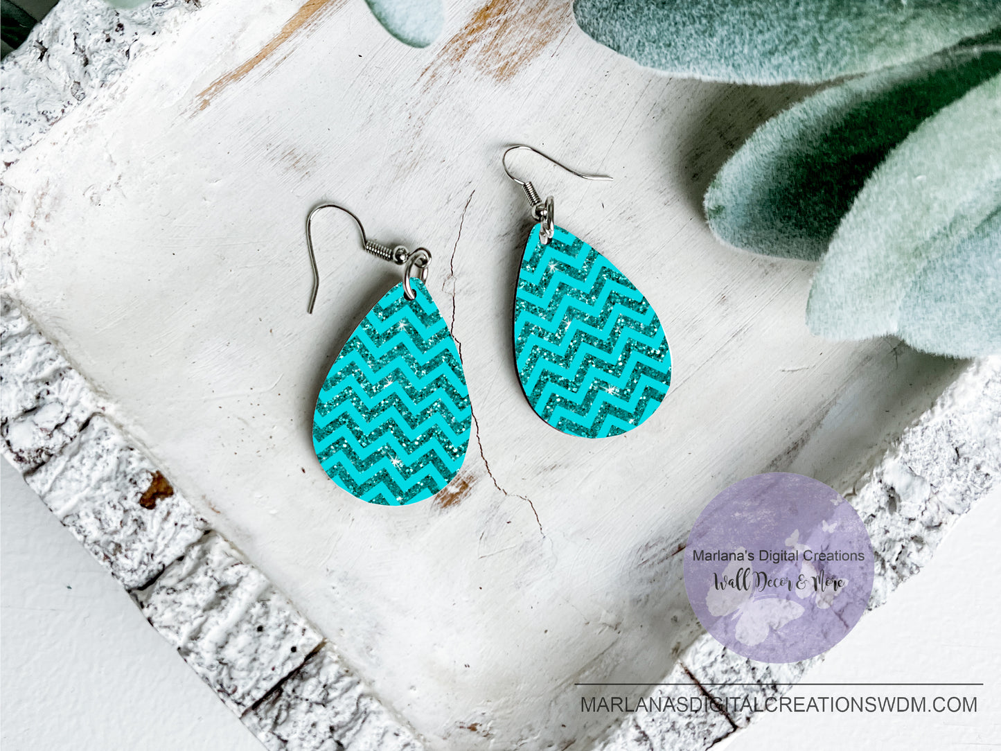 Teardrop DB Chevron Aqua Glitter Earrings