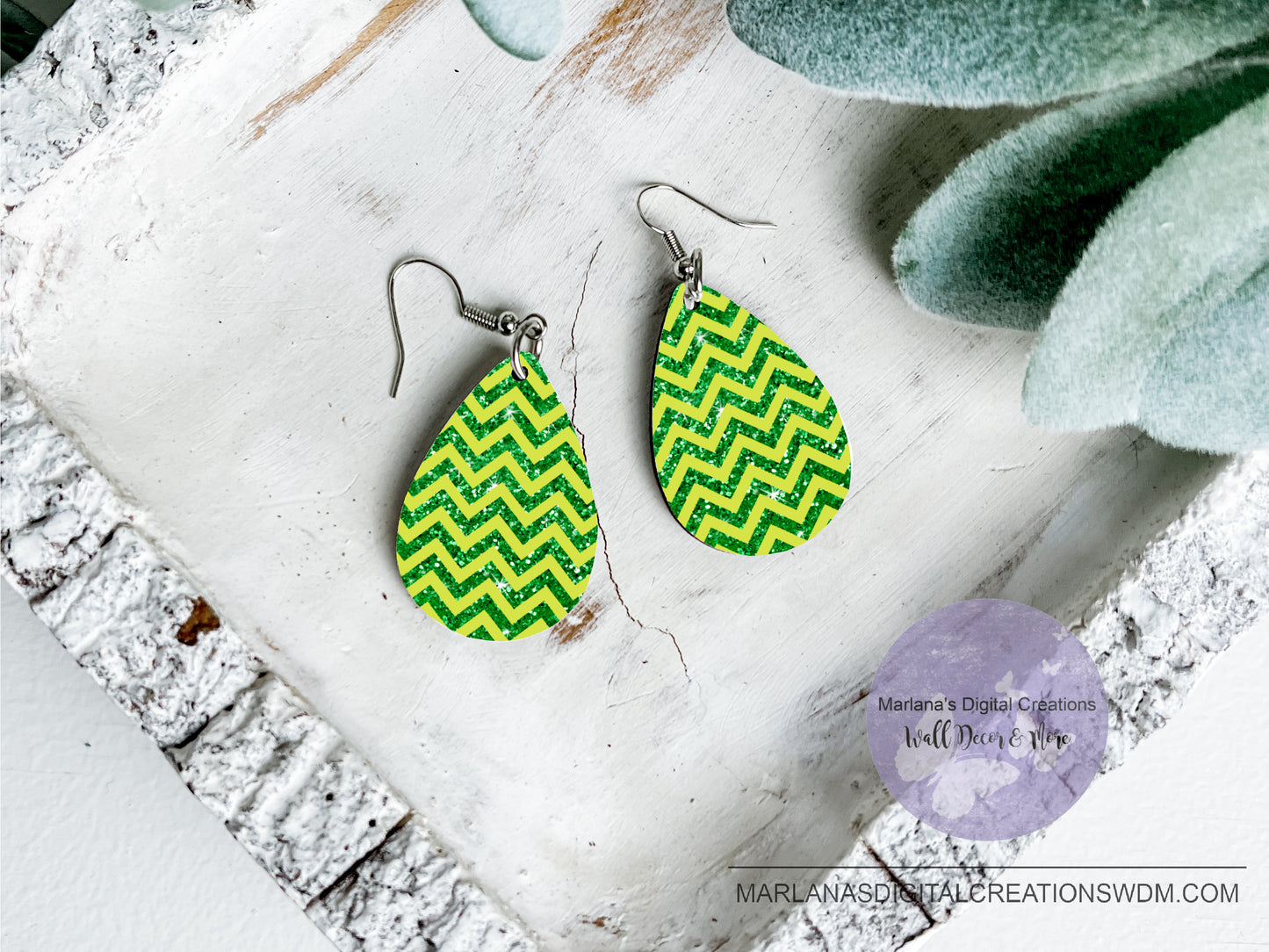 Teardrop DB Chevron Yellow Green Glitter Earrings