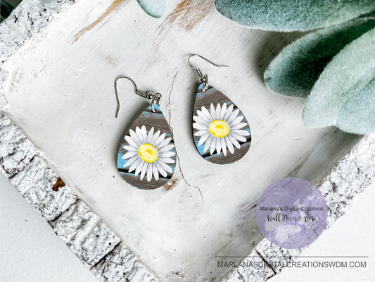 Teardrop DB Daisy Teal Wood Earrings