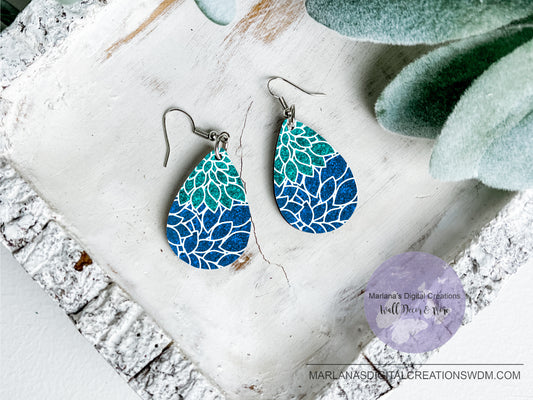 Teardrop DB Floral Blue Teal White Earrings