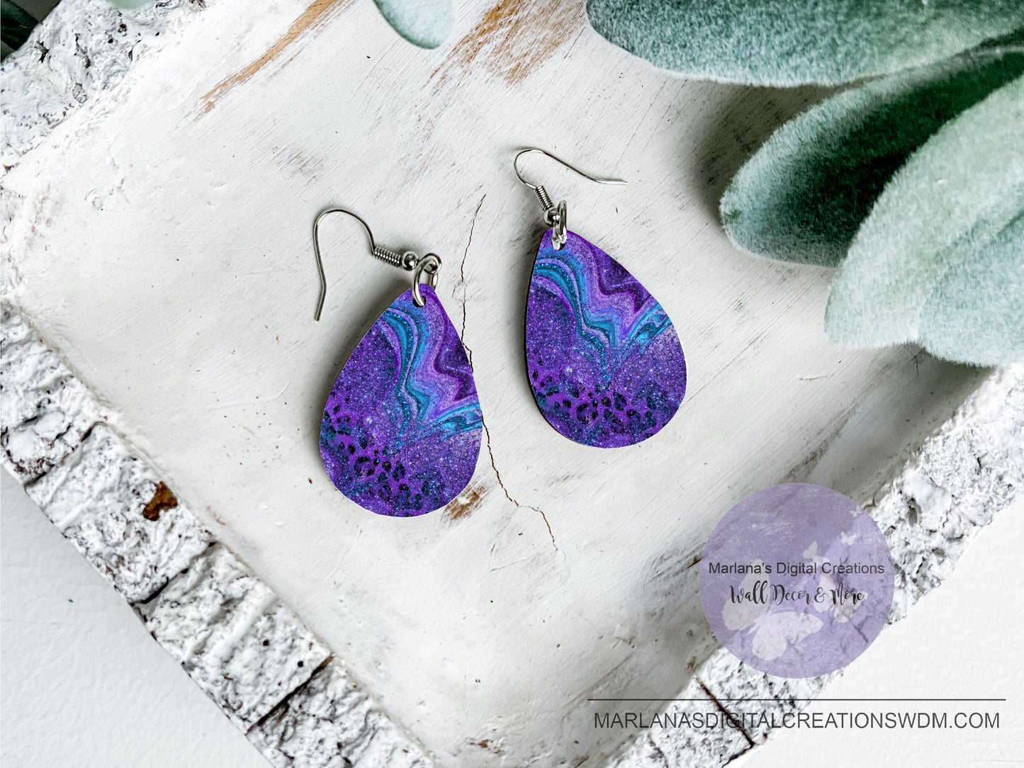 Teardrop DB Marble & Leopard Purple & Blue Earrings