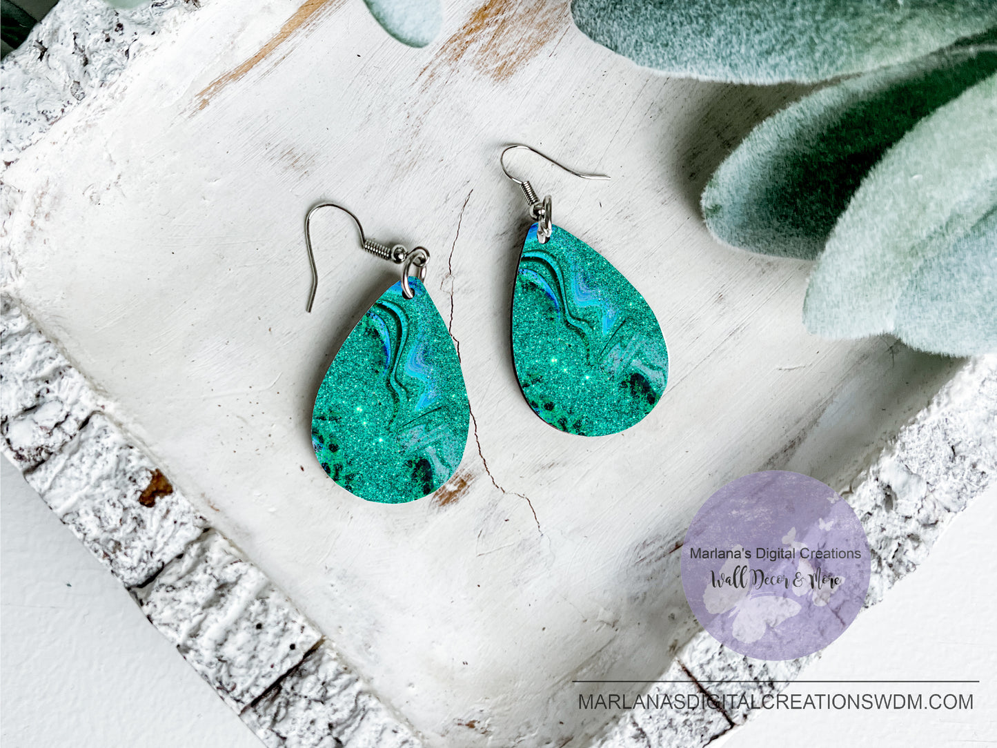 Teardrop DB Marble & Leopard Teal Earrings