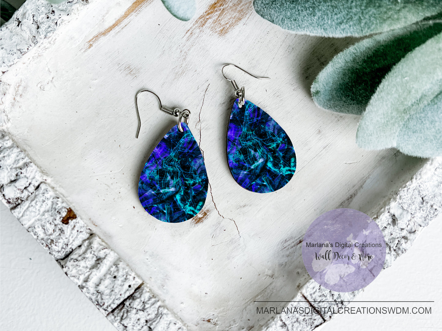 Teardrop DB Marble Aqua Blue Earrings