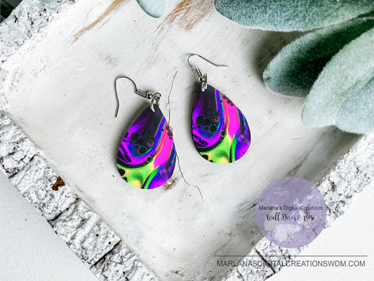 Teardrop DB Marble Retro Purple Pink Lime Earrings