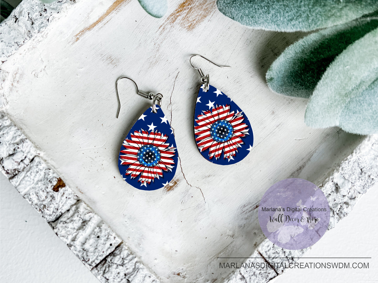 Teardrop DB Patriotic Stars Flag Sunflower 2 Earrings