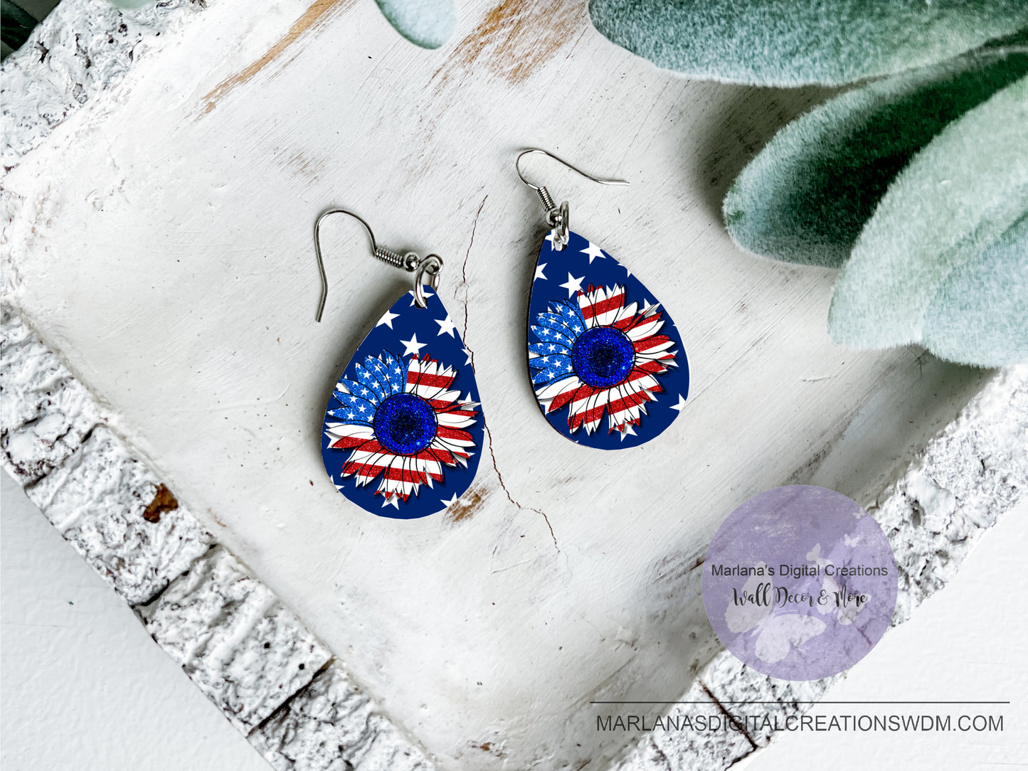 Teardrop DB Patriotic Stars Flag Sunflower Earrings