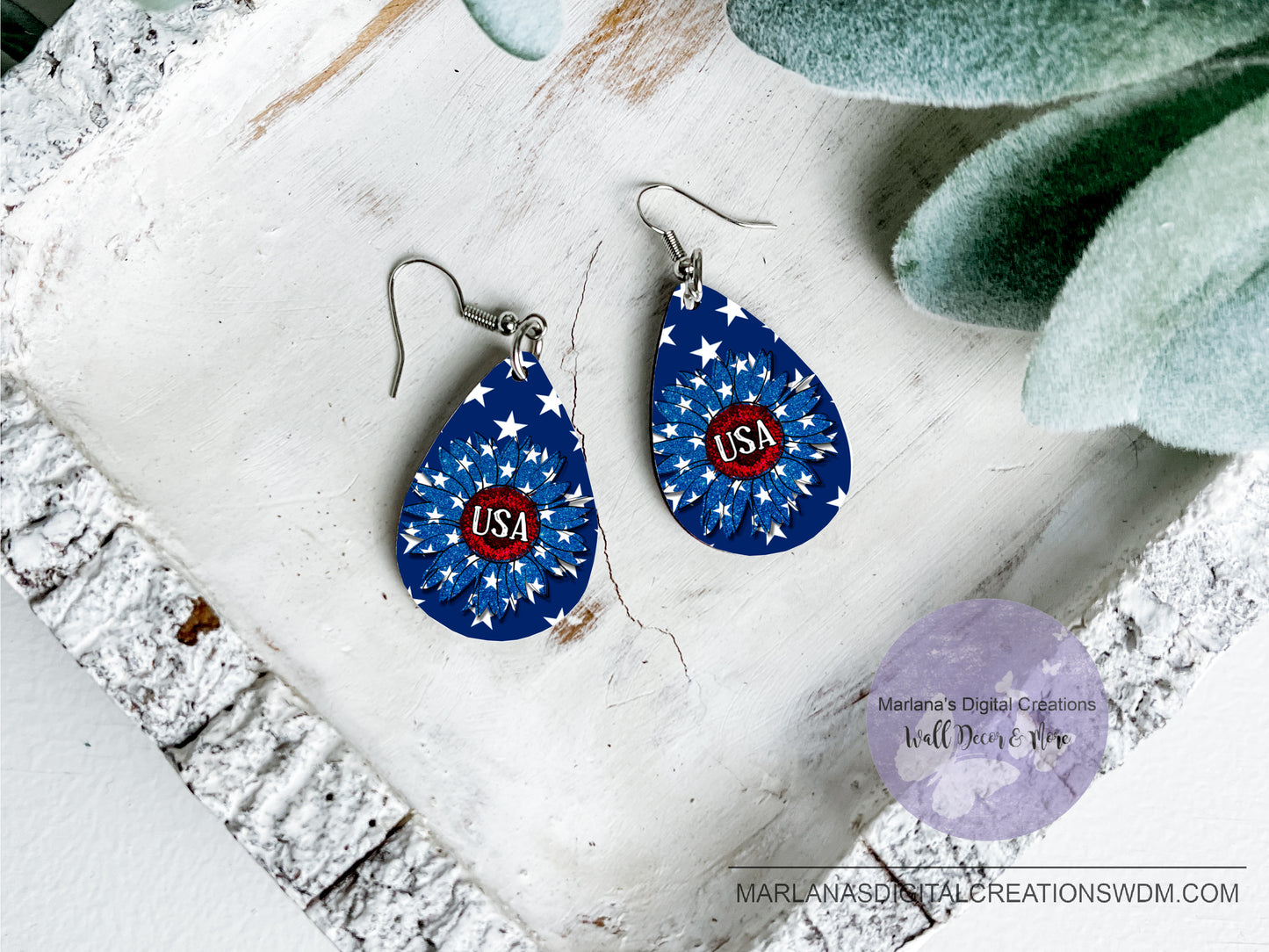 Teardrop DB Patriotic Stars Sunflower USA Stars Earrings