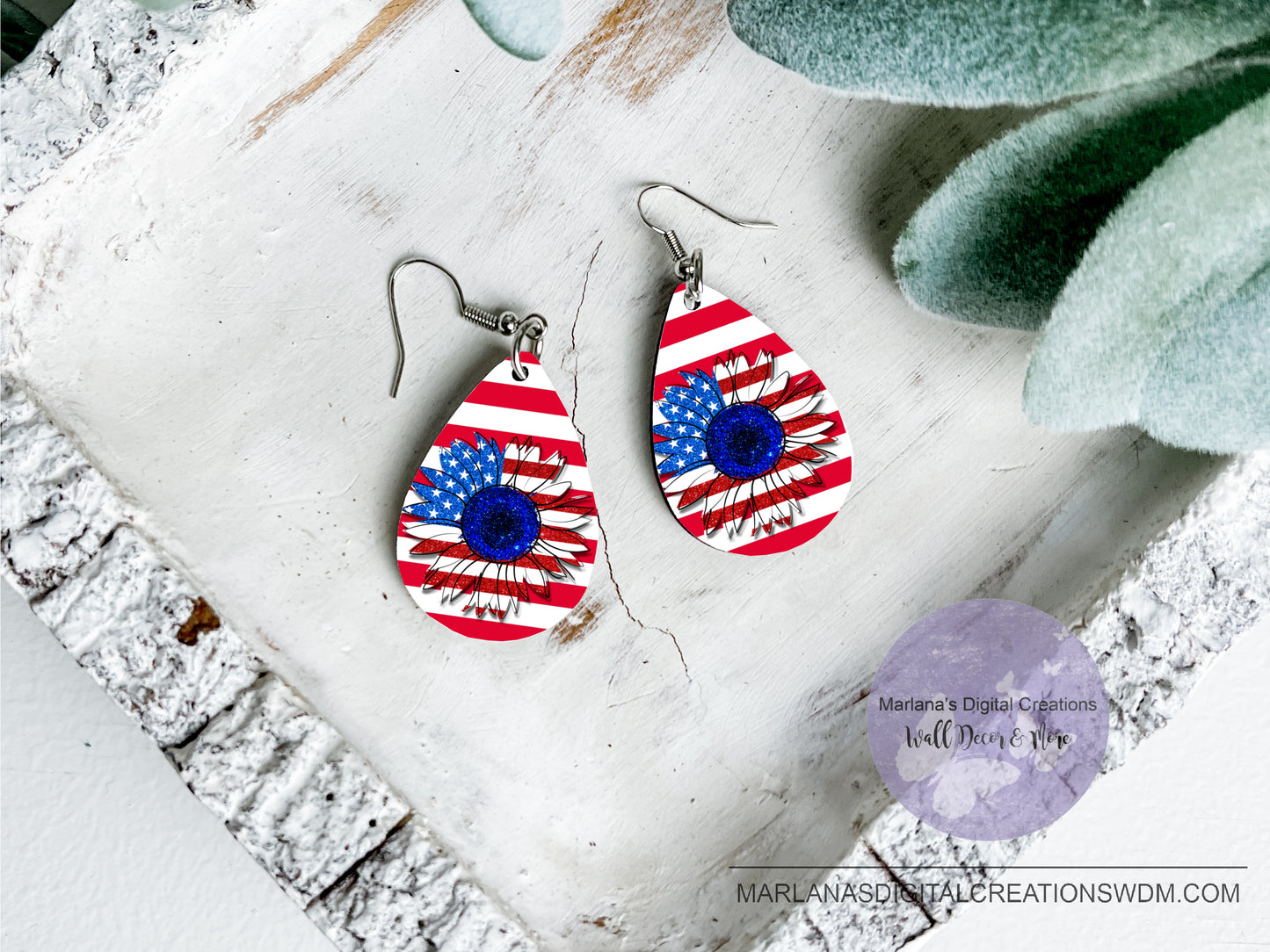 Teardrop DB Patriotic Stripes Sunflower Flag Earrings