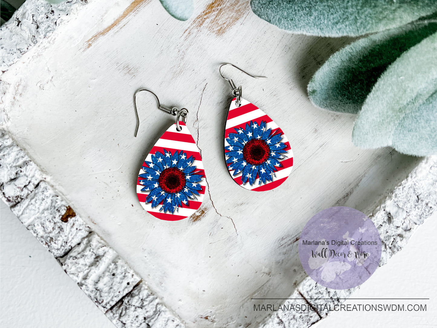 Teardrop DB Patriotic Stripes Sunflower Stars Earrings