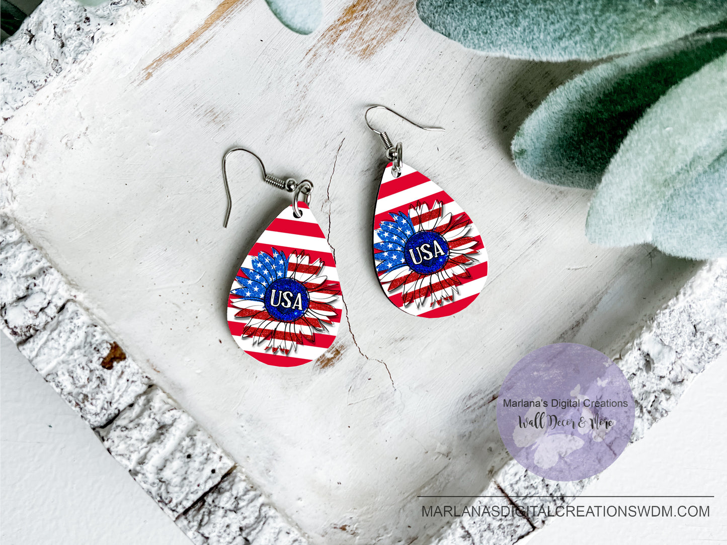 Teardrop DB Patriotic Stripes Sunflower USA Flag Earrings