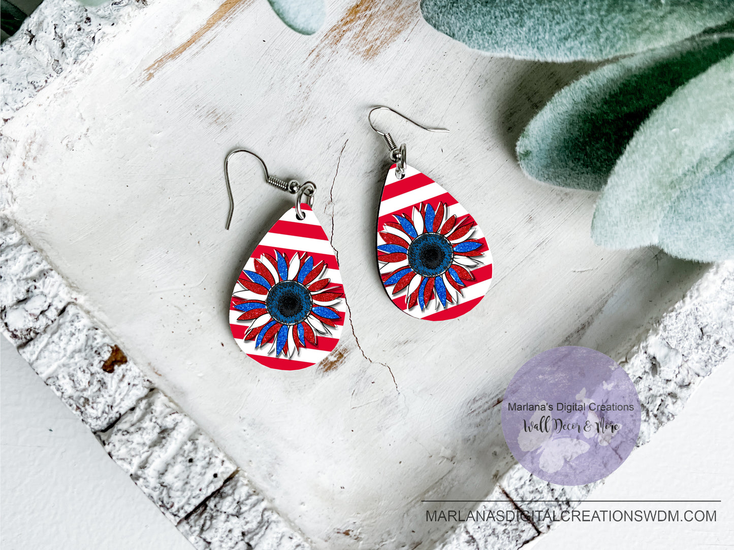 Teardrop DB Patriotic Stripes USA Sunflower Earrings