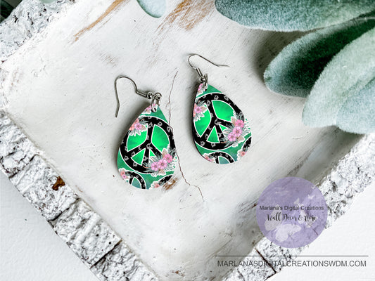 Teardrop DB Peace Floral Green Earrings