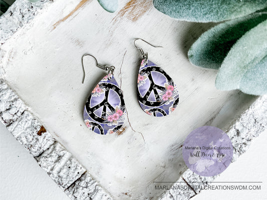 Teardrop DB Peace Floral Purple Earrings