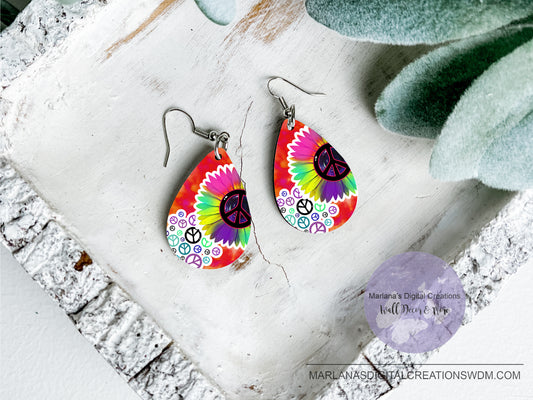 Teardrop DB Peace Rainbow Sunflower Red Earrings