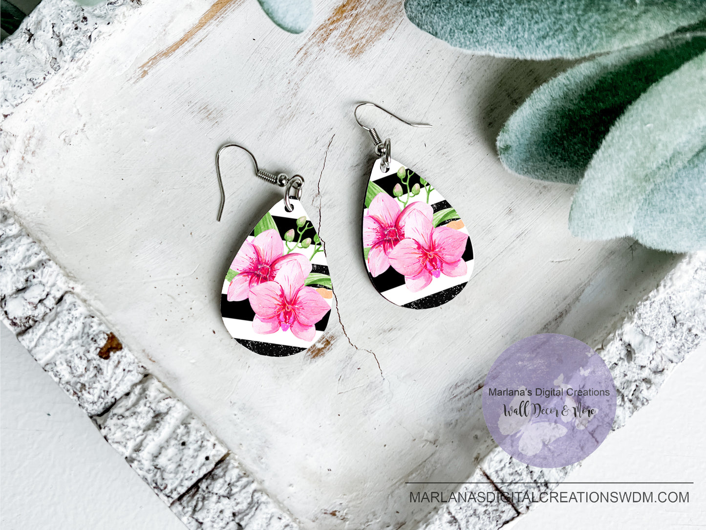 Teardrop DB Pink Floral Black Stripe Earrings