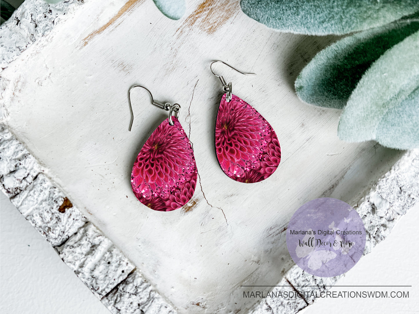 Teardrop DB Pink Oil Paint Flower Earrings