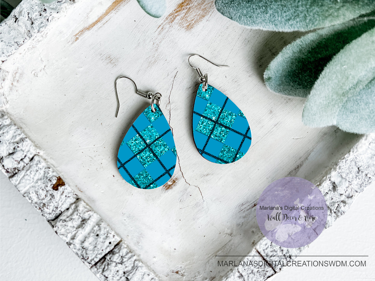 Teardrop DB Plaid Aqua Glitter Earrings