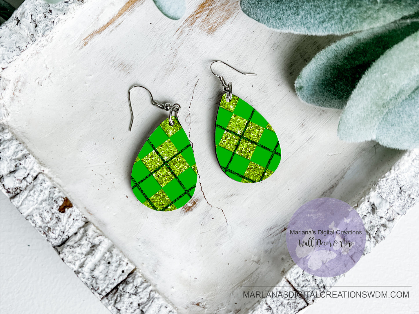 Teardrop DB Plaid Green Glitter Earrings