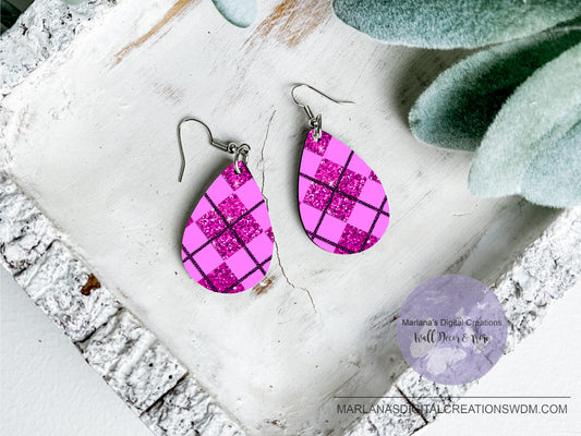 Teardrop DB Plaid Pink Glitter Earrings