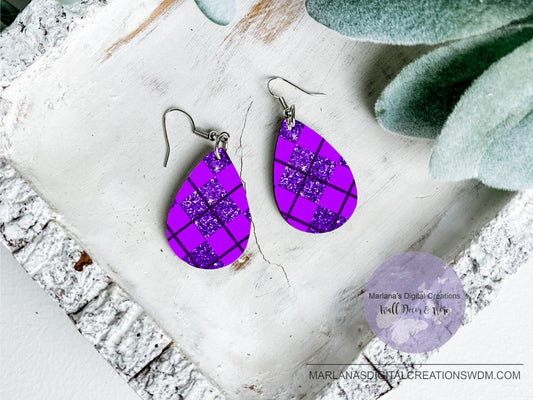 Teardrop DB Plaid Purple Glitter Earrings